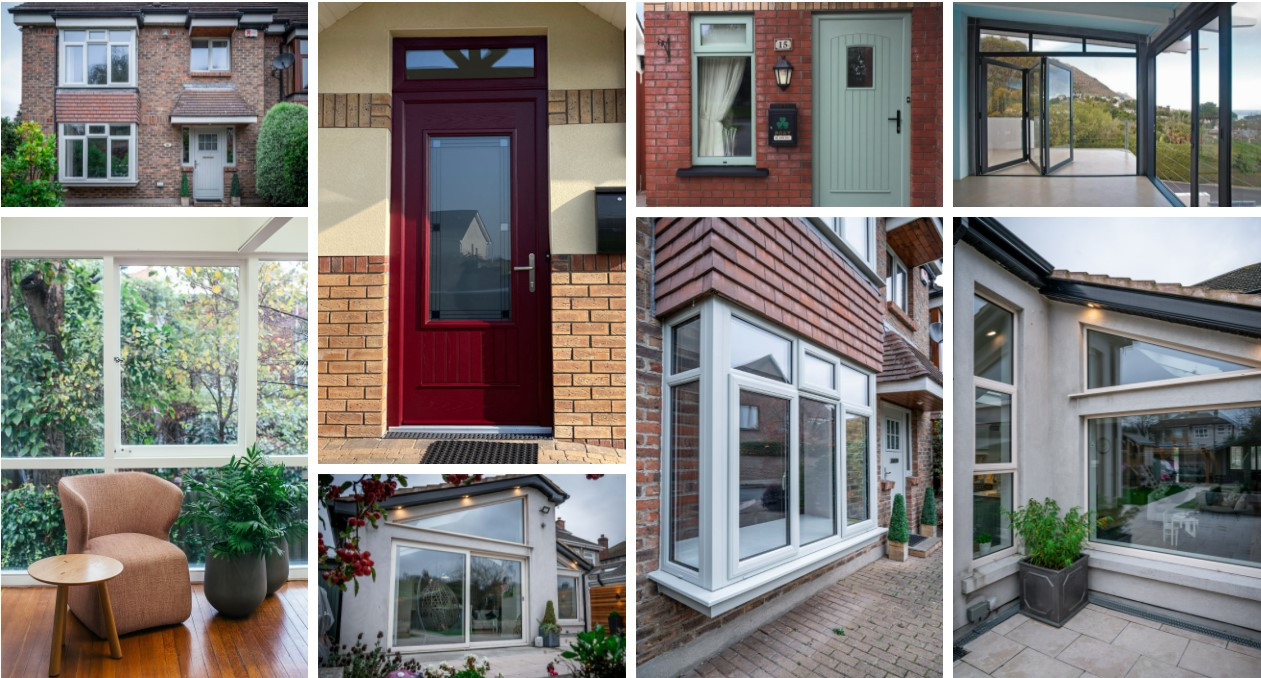 a collage of various windows and doors